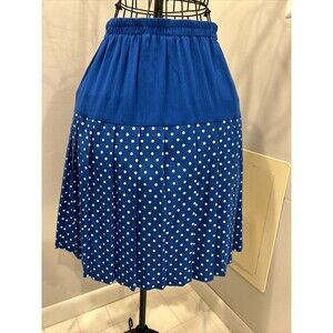 vintage 80s elastic waist pleated skirt midi Blue white polka dot Size 8